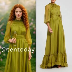 $498 Mac Duggal 68225 Size 16 Green Chiffon Ruched Ruffled Long Maxi Dress Gown